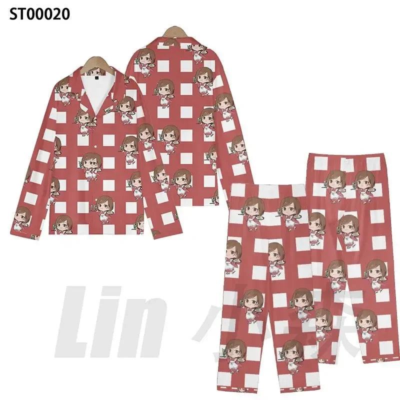Matching pajama set: red long-sleeve top and matching pants, character grid print
