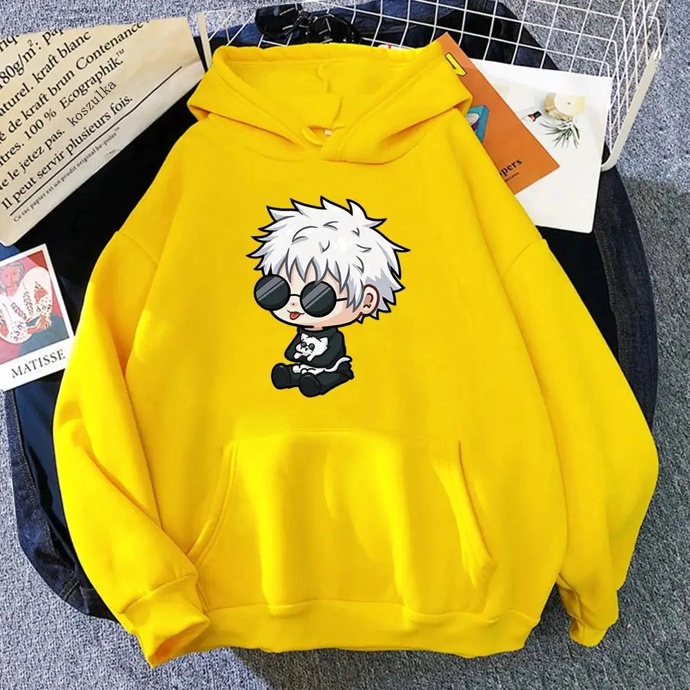 Hoodie jaune à capuche, motif manga du personnage aux lunettes sur le devant