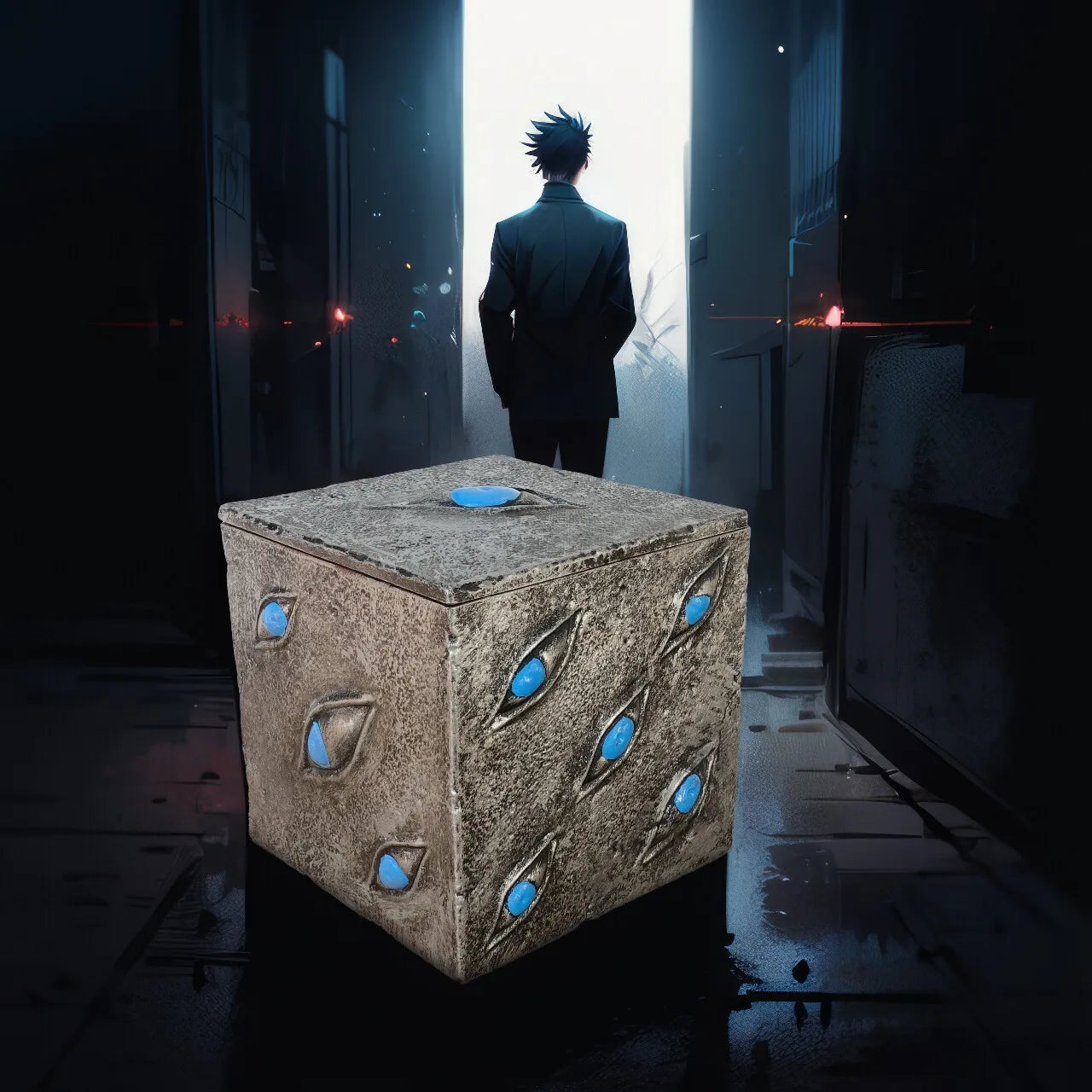 Cube boîte Prison gris aux yeux bleus avec personnage de dos