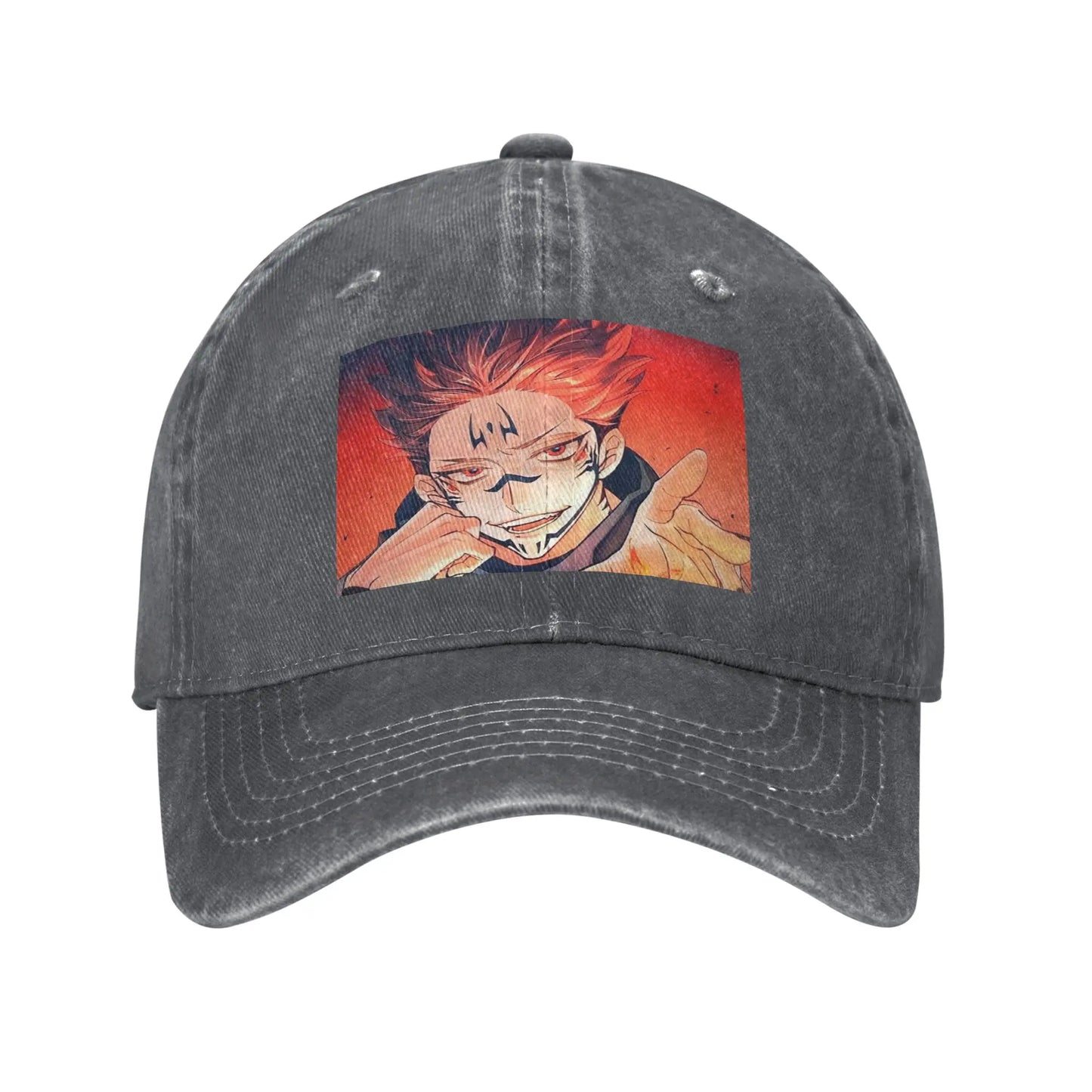Casquette en toile grise avec patch du personnage souriant sur le devant, visière piquée