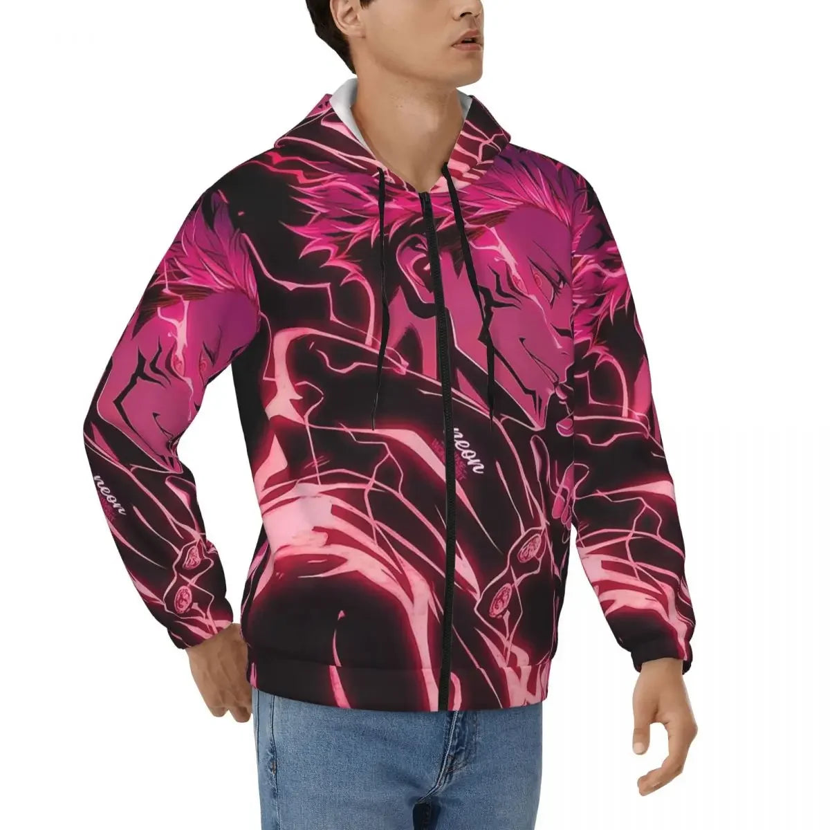 Veste à capuche zippée rose et noire, motif graphique, imprimé sur toute la surface
