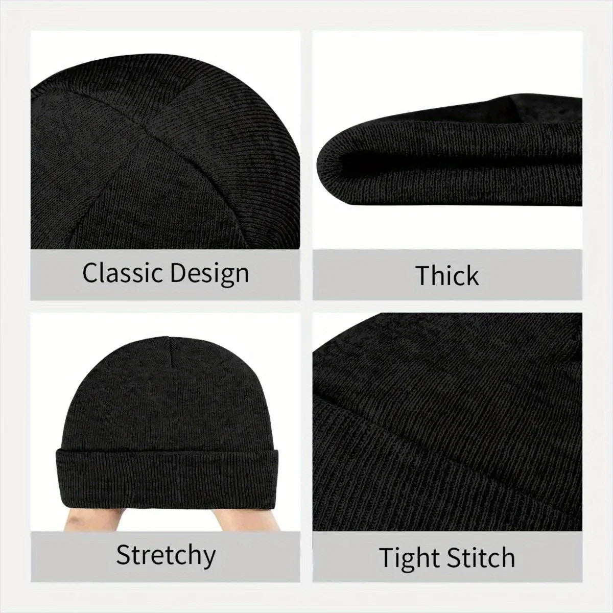 Bonnet noir Ryomen Sukuna, détails tricot épais, couture serrée et bord côtelé