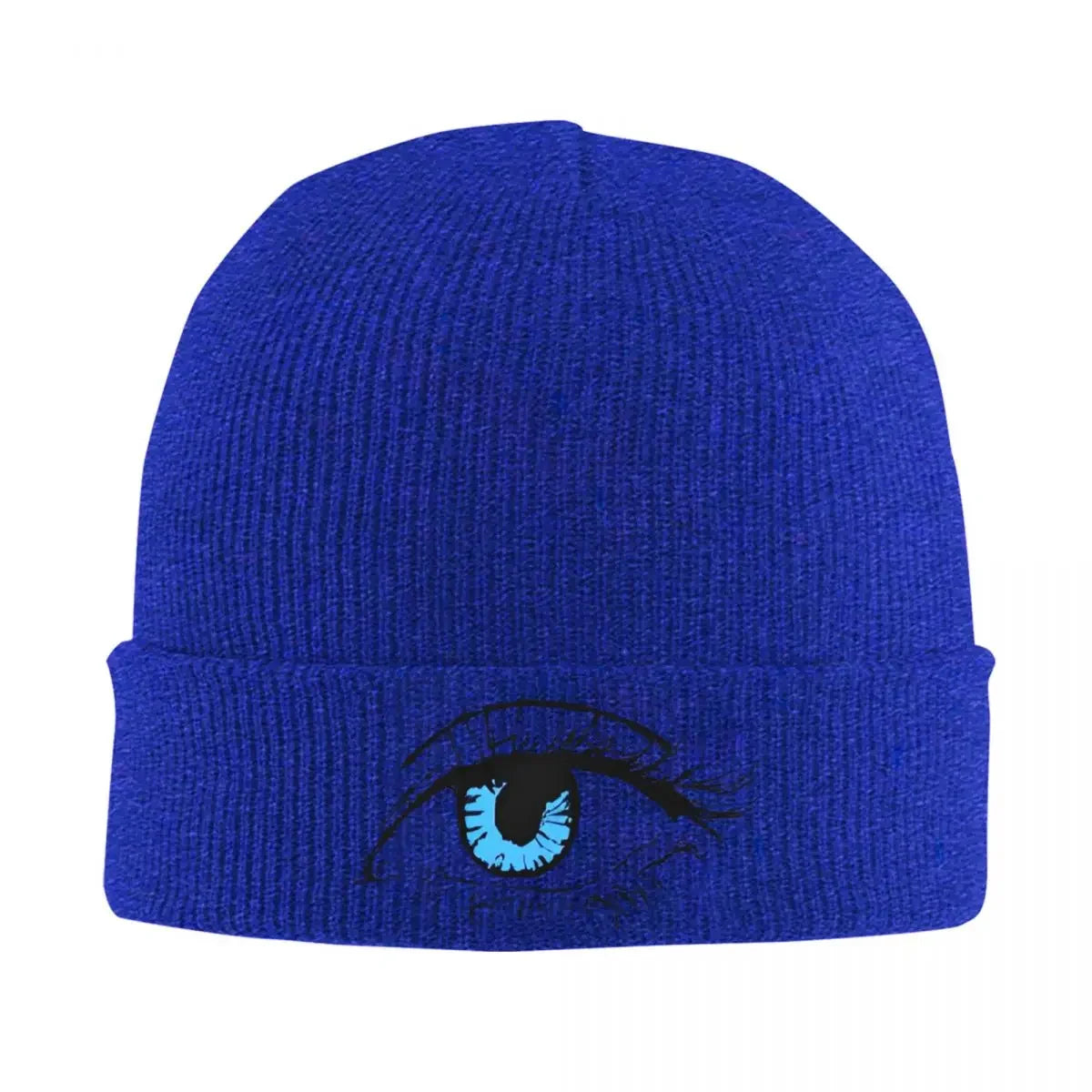 Bonnet bleu royal en maille côtelée avec œil bleu brodé