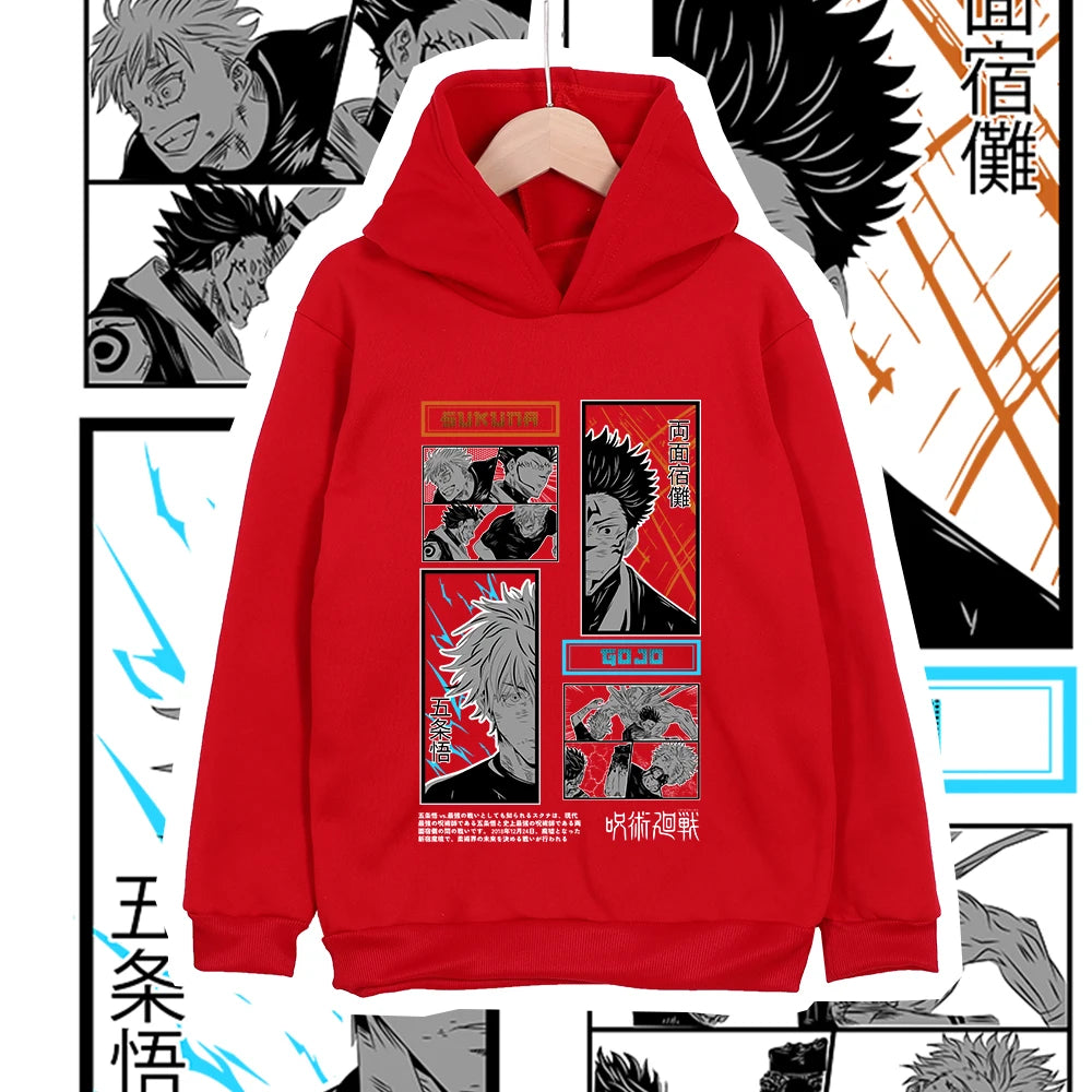 Hoodie rouge à capuche, visuel manga encadré sur la poitrine, manches longues
