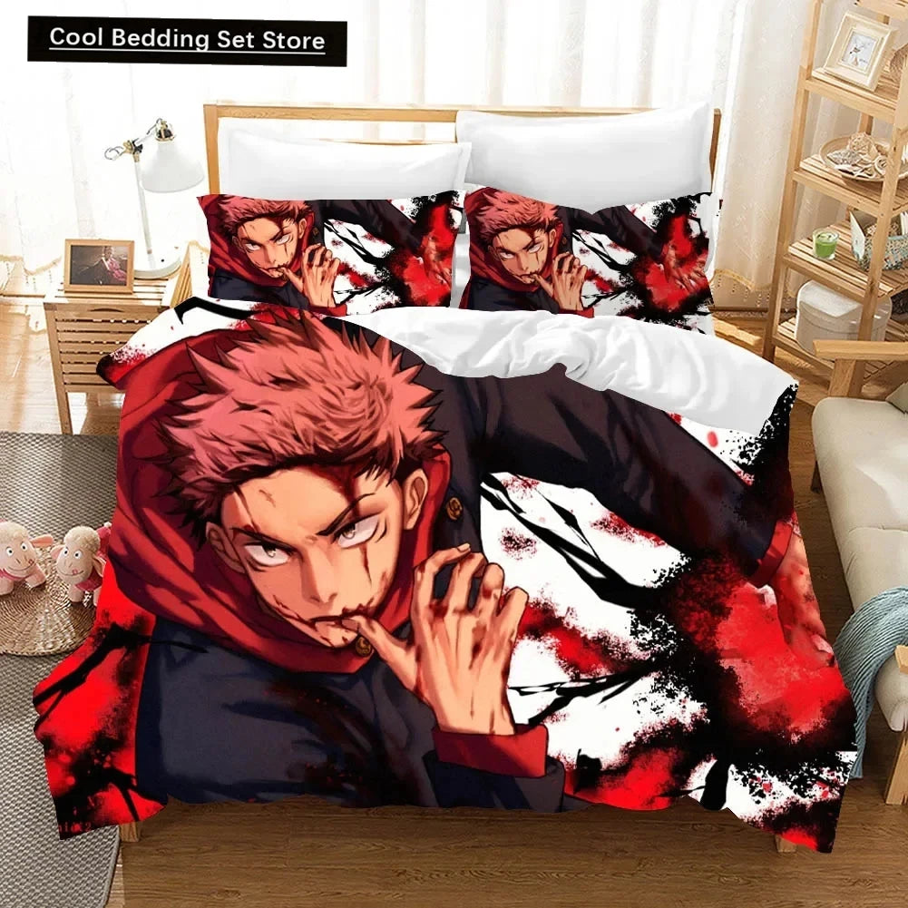 Parure de lit bordeaux avec motif anime rouge et noir, housse de couette et d’oreillers