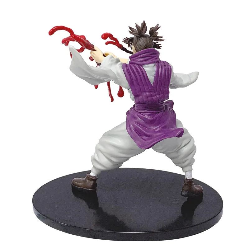 Figurine Choso, capuche et tunique violet, pose accroupie, tendrils rouges, socle noir.