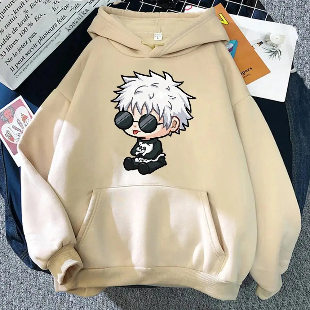 Hoodie crème à capuche, personnage manga aux lunettes imprimé au centre