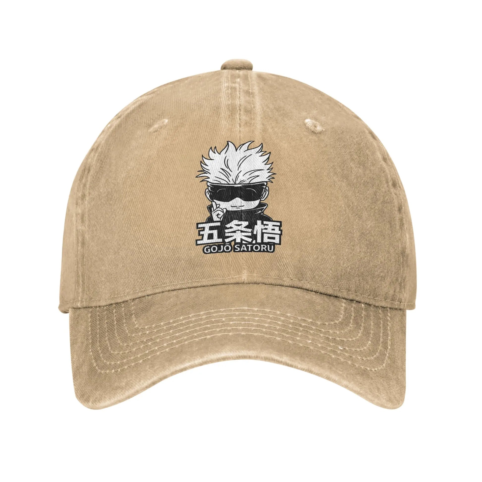 Casquette style Gojo mini en coton kaki, visuel manga brodé sur l’avant