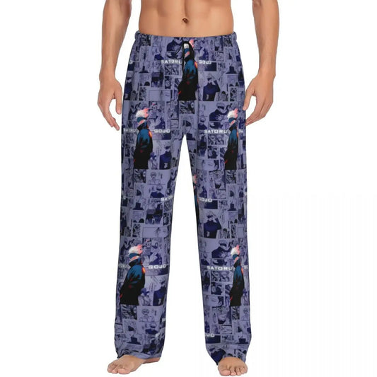 Gojo pajama pants, dark blue allover character print, elastic drawstring waist