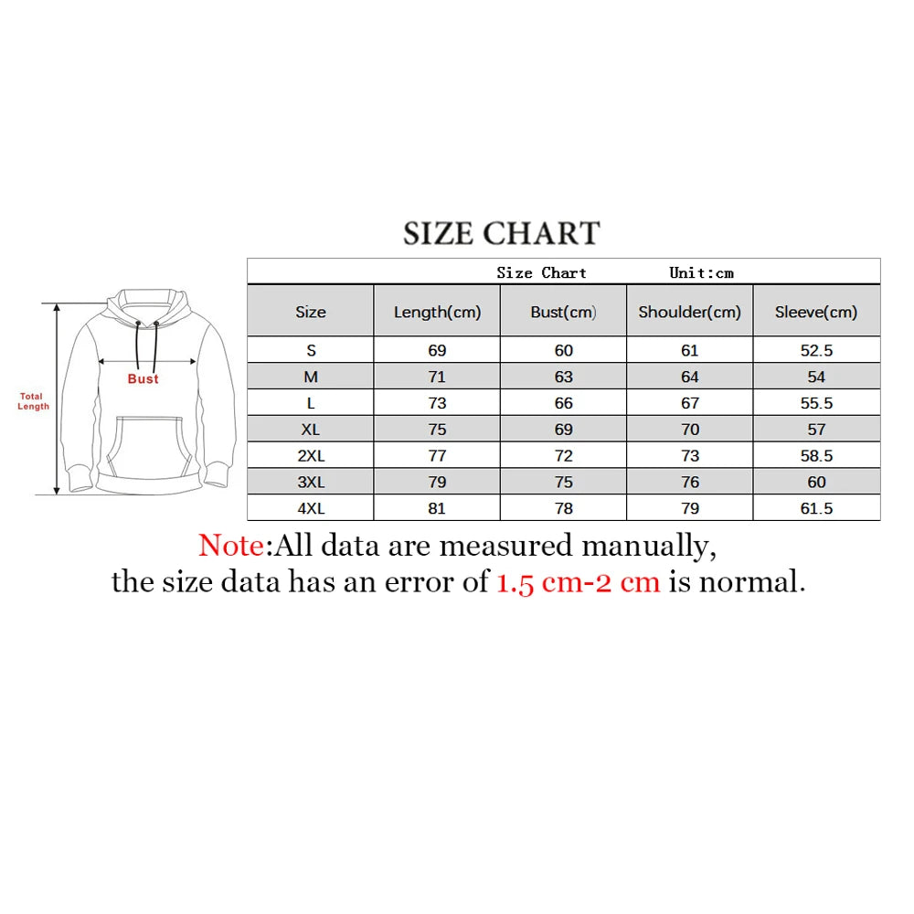 Tableau des tailles de sweat : S à 4XL, longueur, buste, épaules et manches en cm.