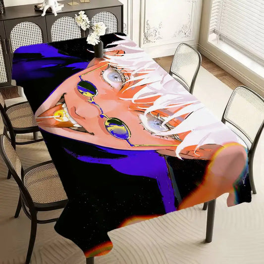 Nappe pop art violette avec visage et lunettes, motifs multicolores.
