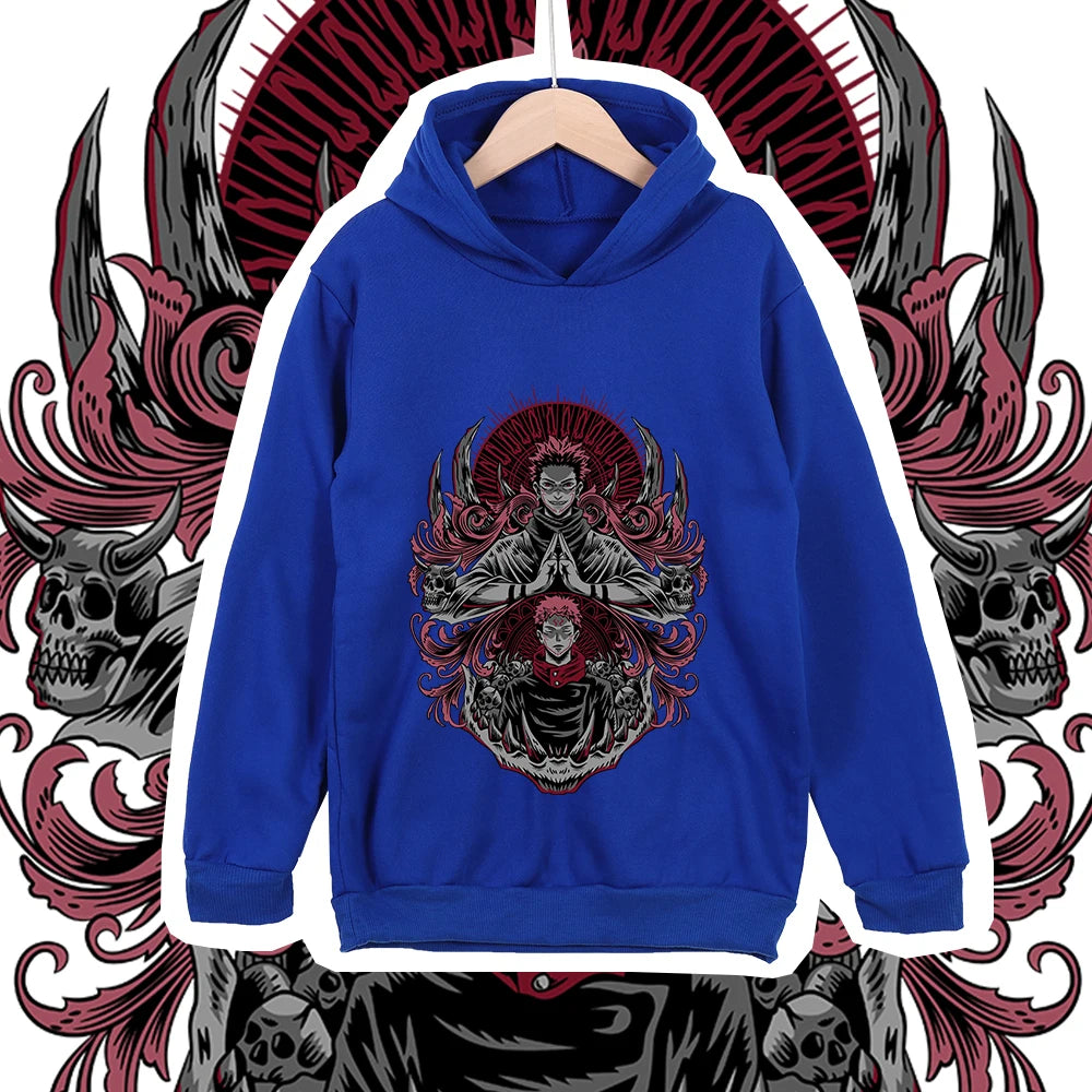 Hoodie bleu à capuche, motif Jujutsu Kaisen rouge/noir au centre