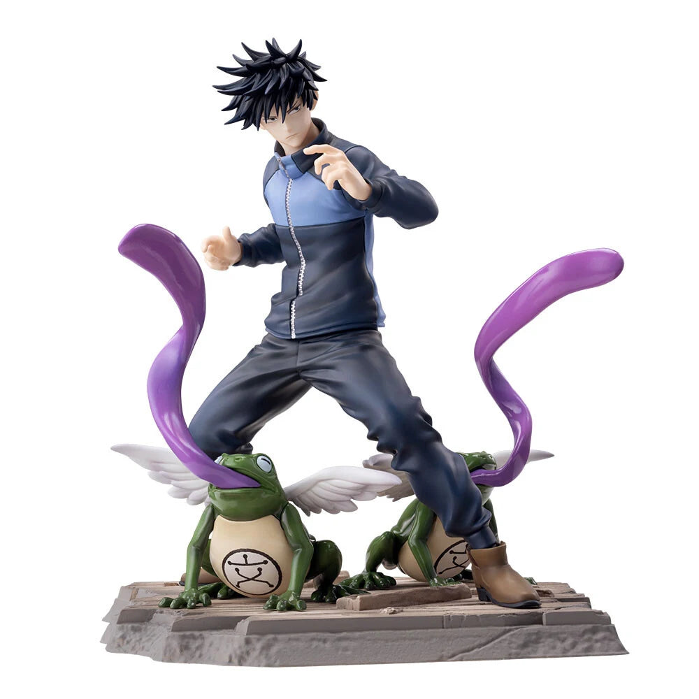 Figurine debout en tenue bleue, crapauds verts et tentacules violettes sur socle