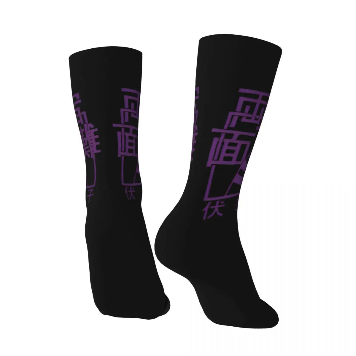 Black socks with purple rectangular kanji design on the calf