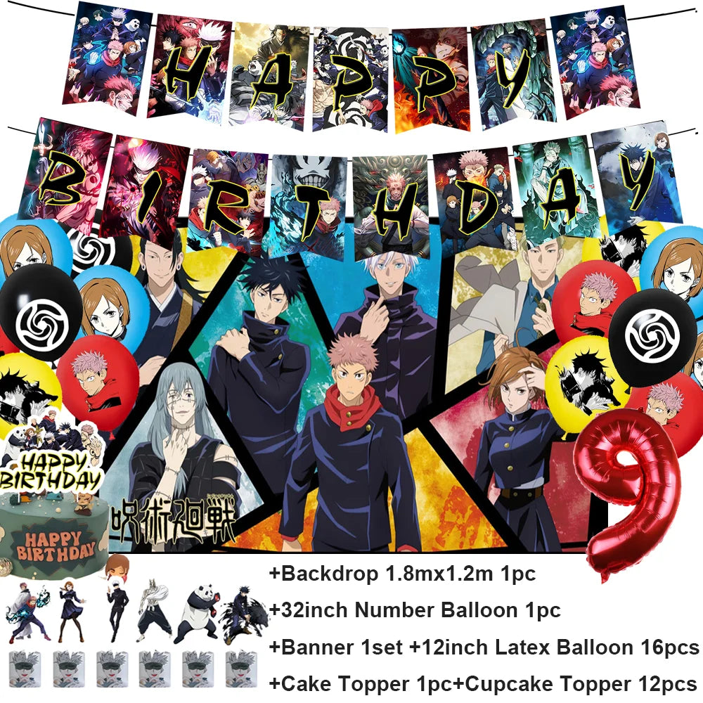Décoration d’anniversaire Jujutsu Kaisen : ballons et guirlande “Happy Birthday” avec ballon chiffre