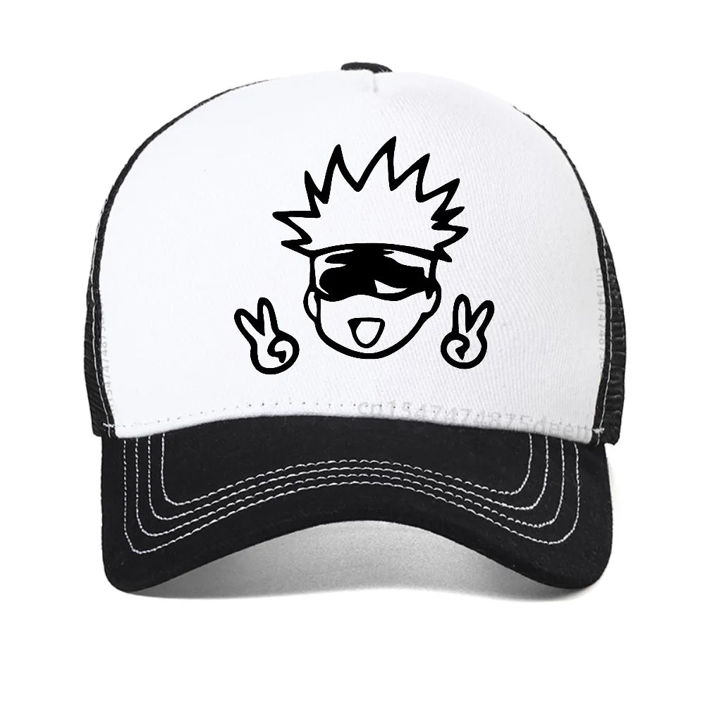 Casquette blanche et noire, logo Gojo noir sur la partie blanche avant.
