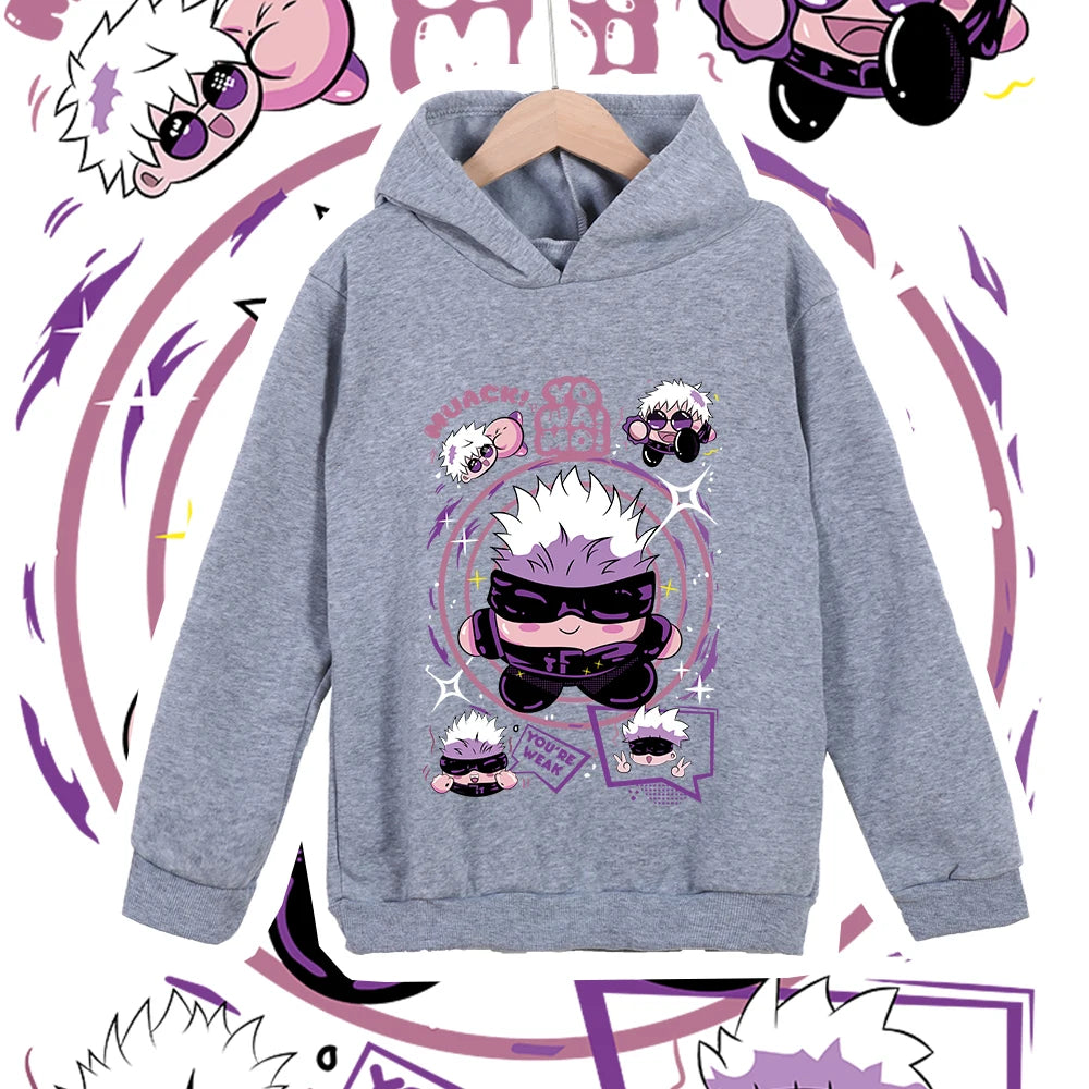 Hoodie gris chiné à capuche, imprimé manga au centre, manches longues