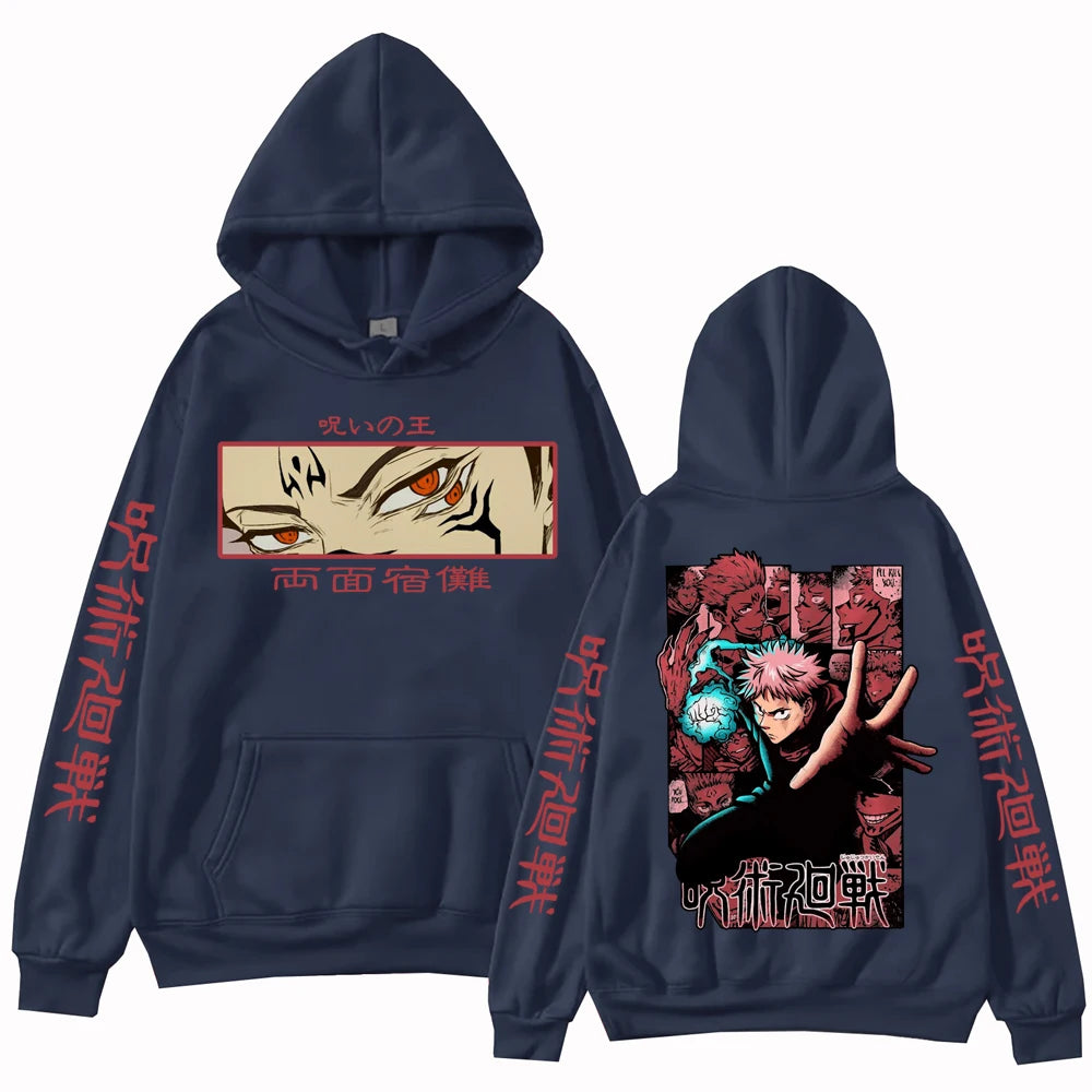 Hoodie bleu marine à capuche, imprimé manga sur le devant et au dos