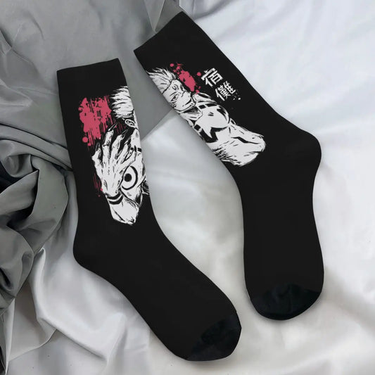 Chaussettes noires Jujutsu Kaisen, motif Sukuna en blanc et éclaboussures rouges