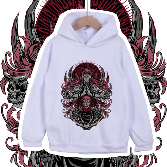 Hoodie gris clair à capuche, grand motif Jujutsu Kaisen en rouge/noir