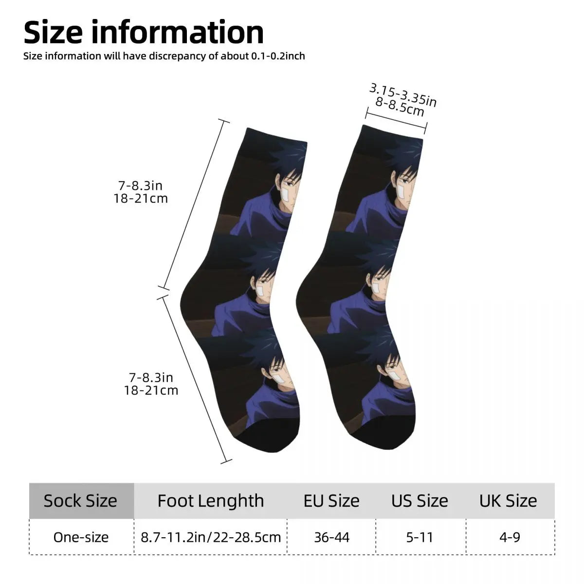Jujutsu Kaisen socks size chart with foot length and one-size measurements