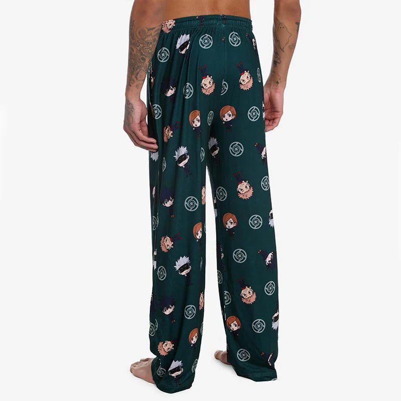 Pantalon de pyjama ample vert foncé, imprimé chibi personnages et motifs cercles