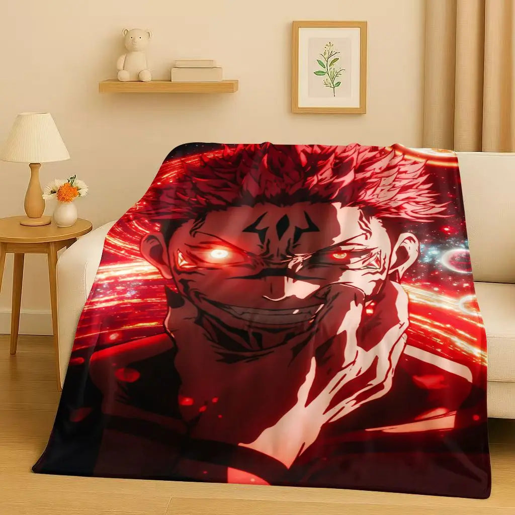 Plaid rouge avec visuel de personnage sombre, motif Sukuna.