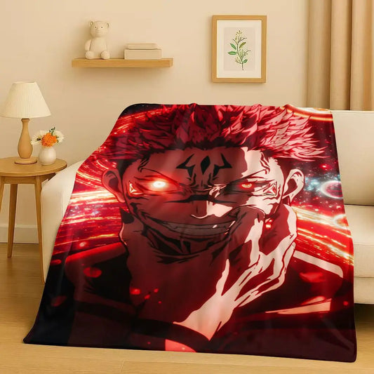 Plaid rouge avec visuel de personnage sombre, motif Sukuna.