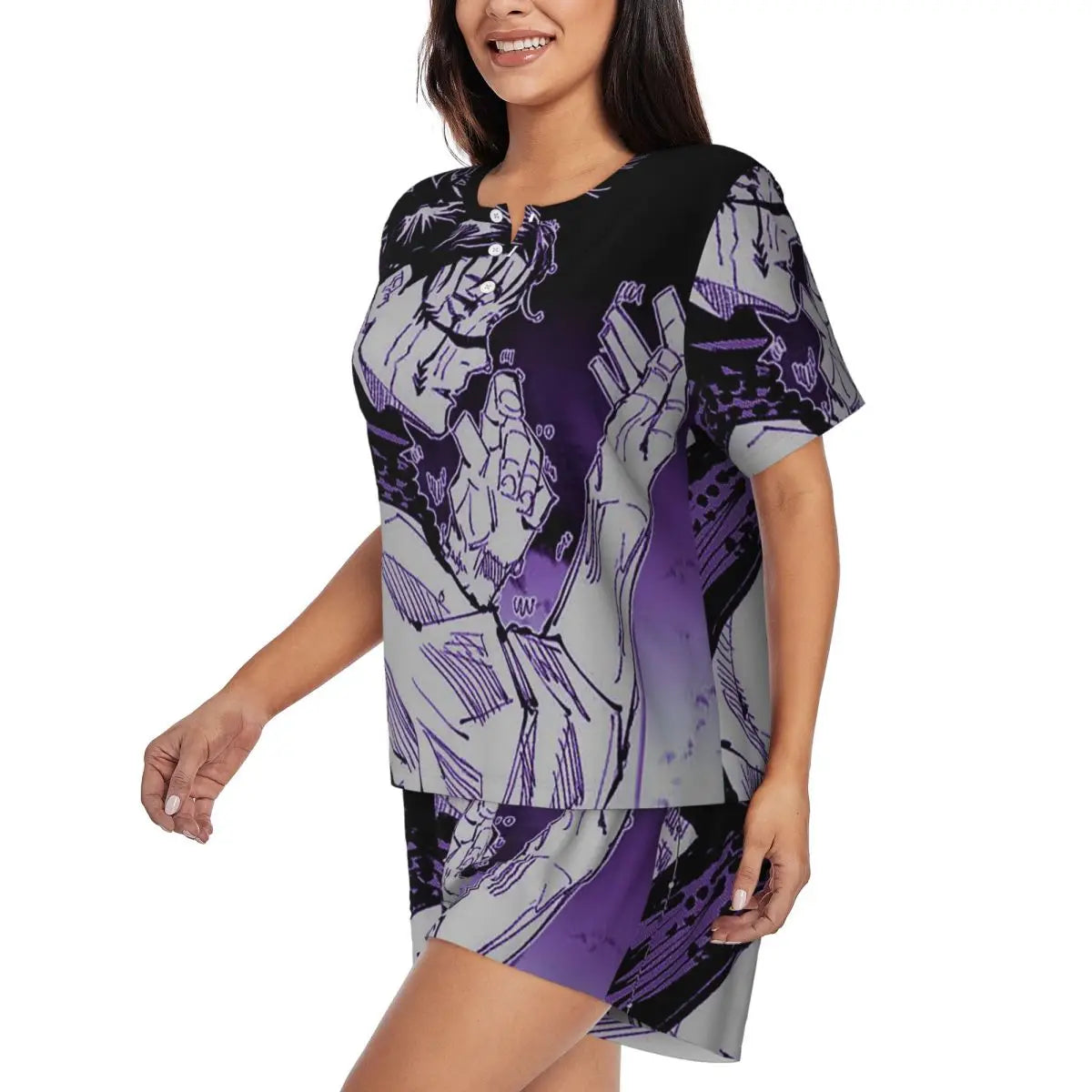 Ensemble pyjama fille à manches courtes noir avec imprimé violet et short