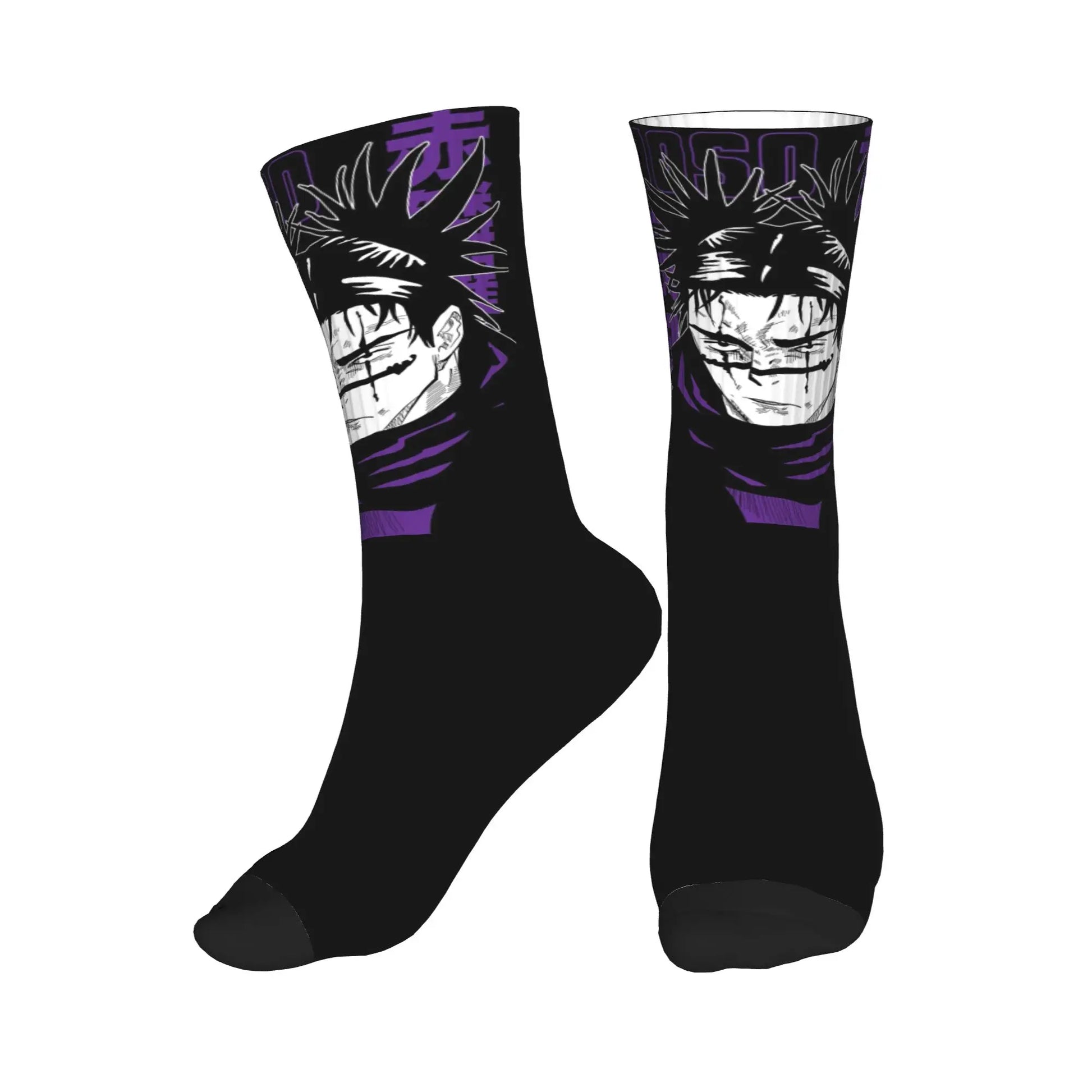 Chaussettes noires à motif violet, visages et lignes graphiques sur la tige.