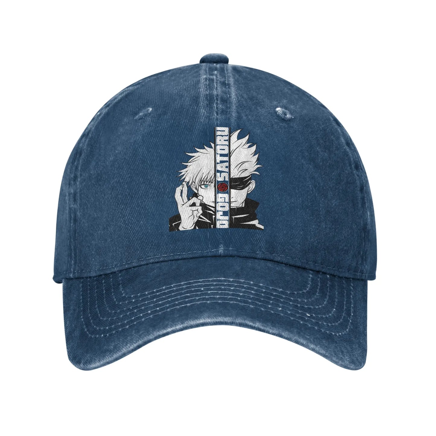 Casquette denim délavé bleu marine, patch Gojo Satoru devant, visière courbée