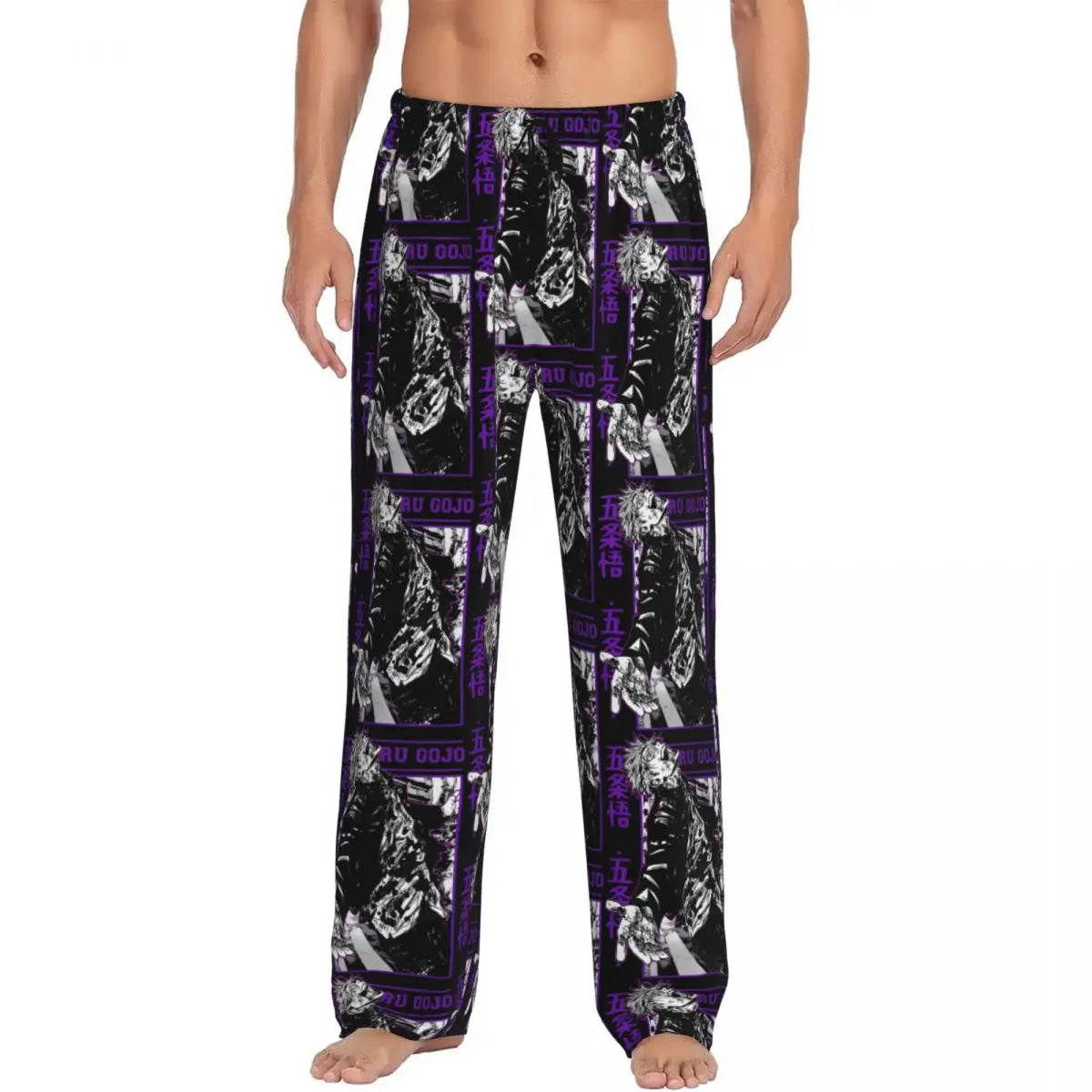 Pantalon de pyjama noir à motifs Jujutsu Kaisen, détails violets, coupe ample