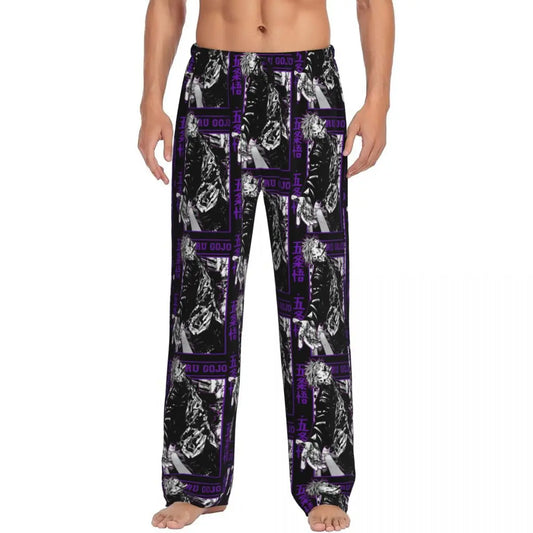 Pantalon de pyjama noir à motifs Jujutsu Kaisen, détails violets, coupe ample