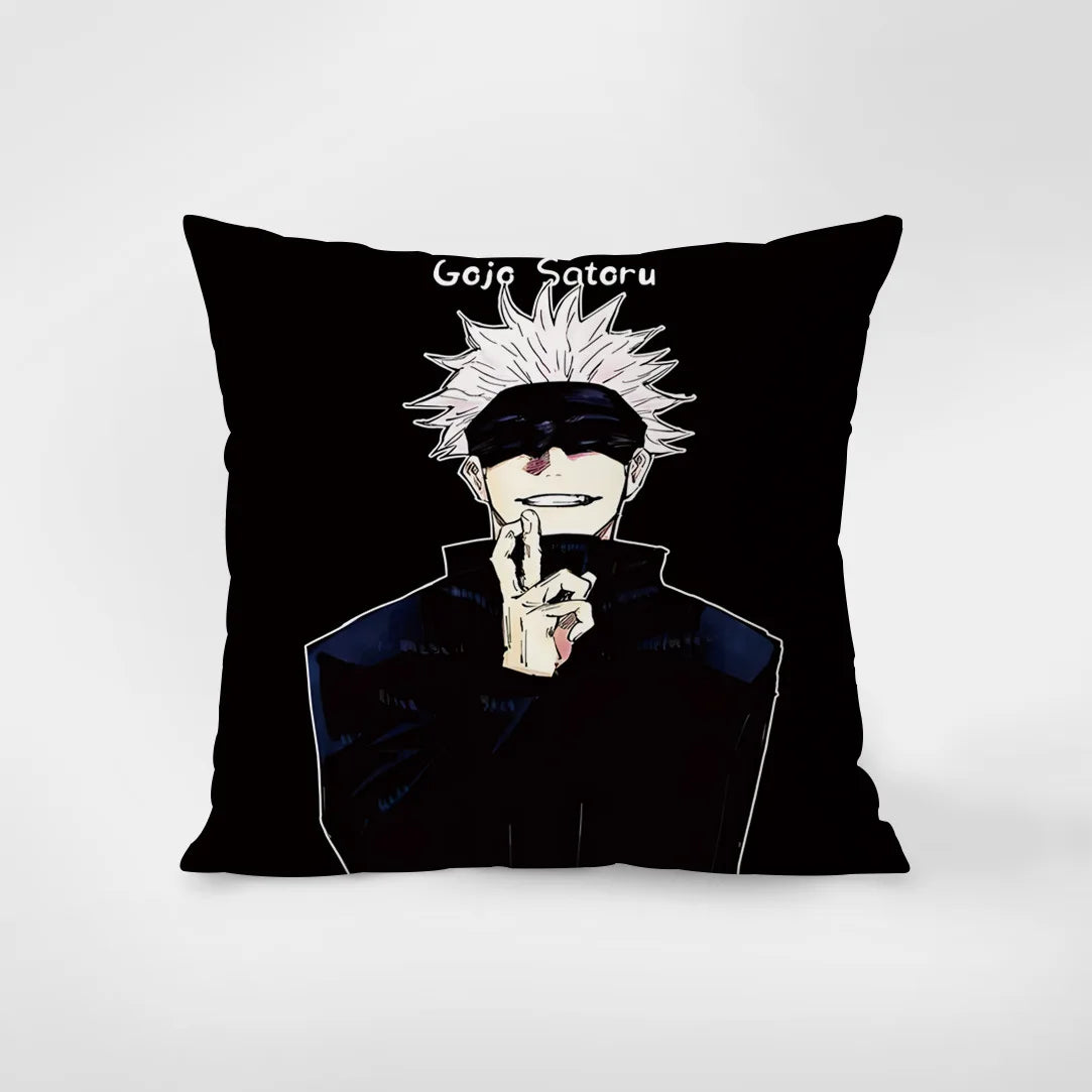 Housse de coussin noire avec illustration Gojo Satoru et pose en main