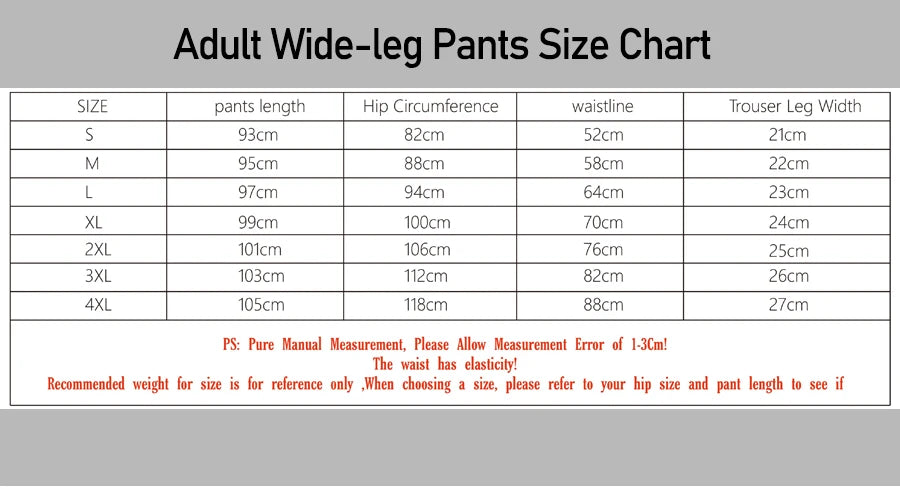 Tableau des tailles adultes: pantalon ample S à 4XL, longueur et tour de taille
