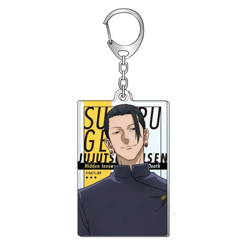 Porte-clés rectangulaire avec portrait de Suguru Geto, attache métal et anneau.