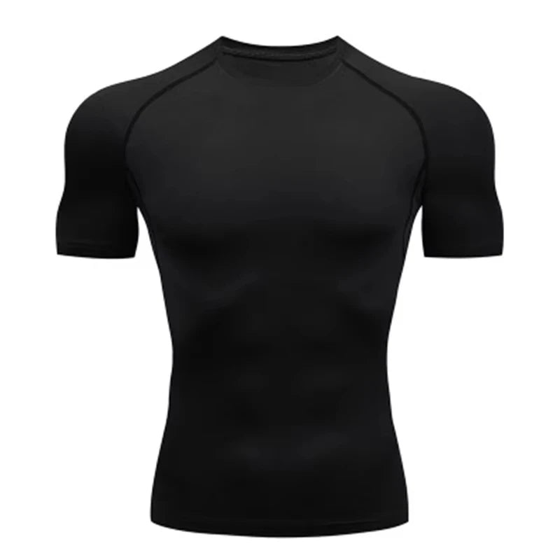 Black compression T-shirt, front view only, fitted seamless-looking knit