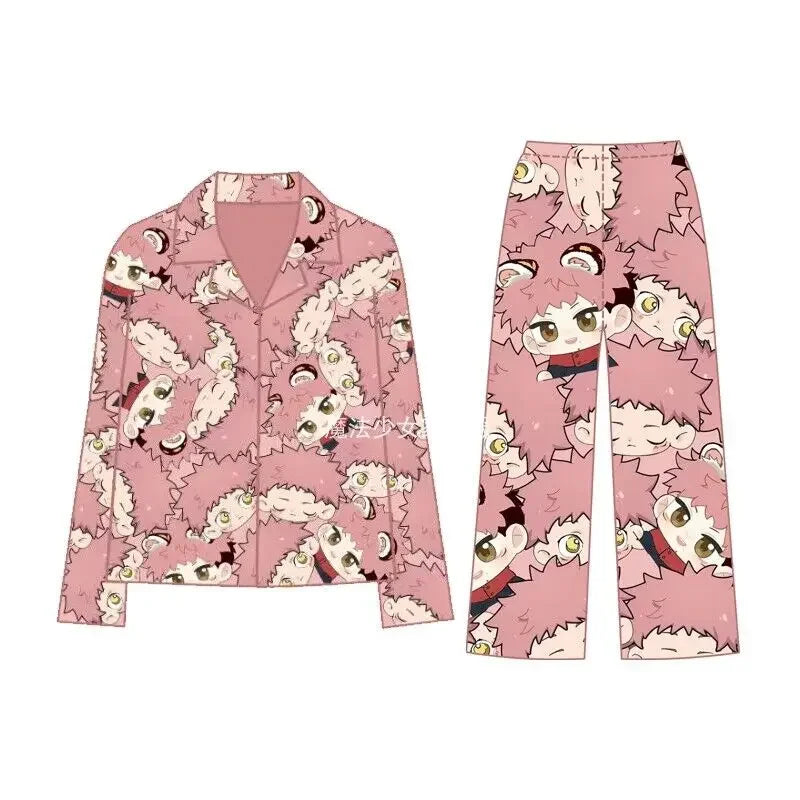 Pink pajama set, long-sleeve button shirt and long pants with repeating character faces