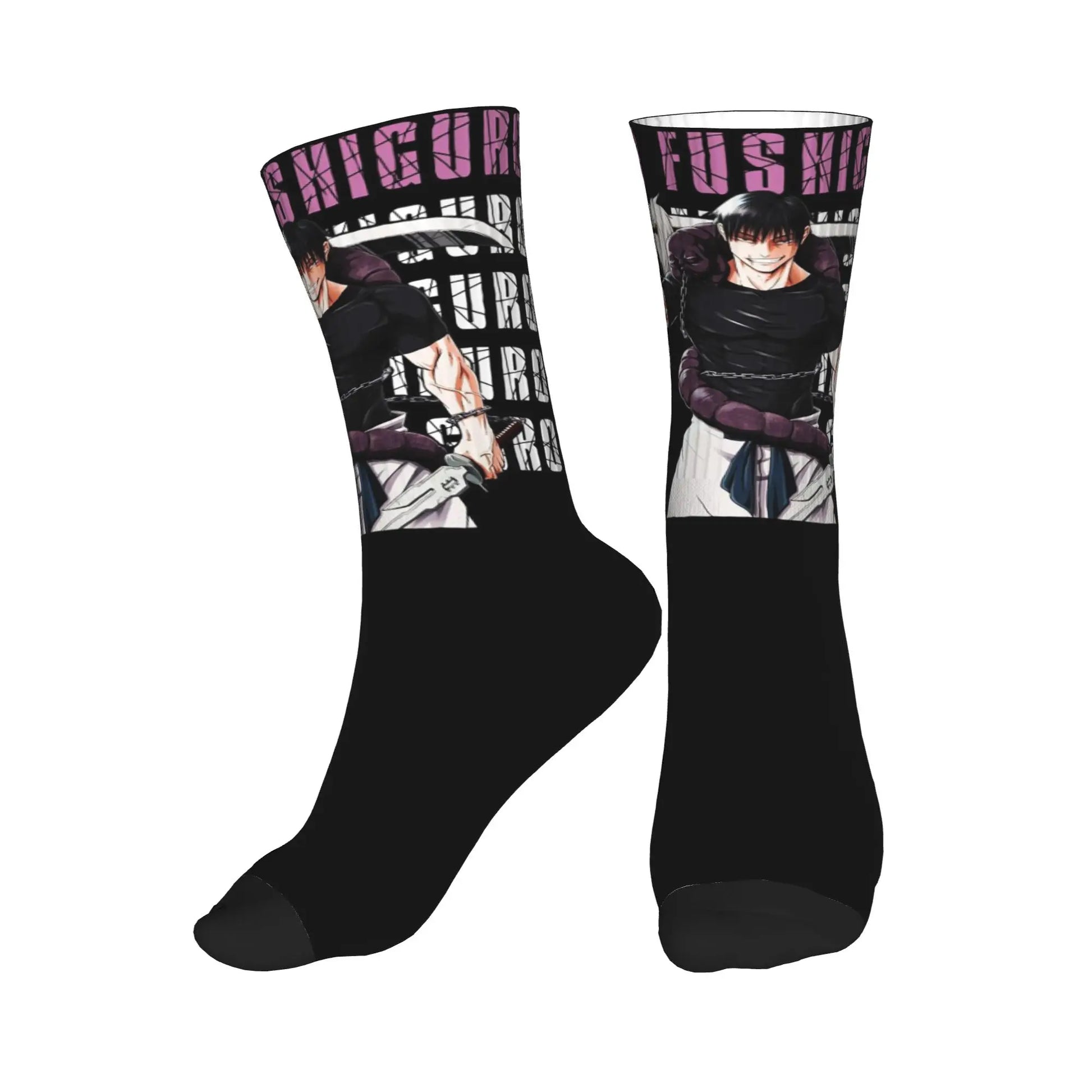 Chaussettes noires à motif violet avec personnage Jujutsu et texte stylisé