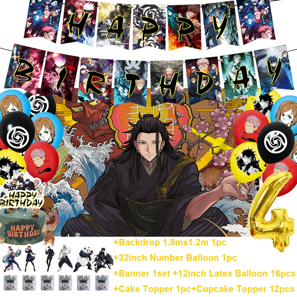 Décoration d’anniversaire avec guirlande de fanions et ballons, ballon chiffre 4 doré