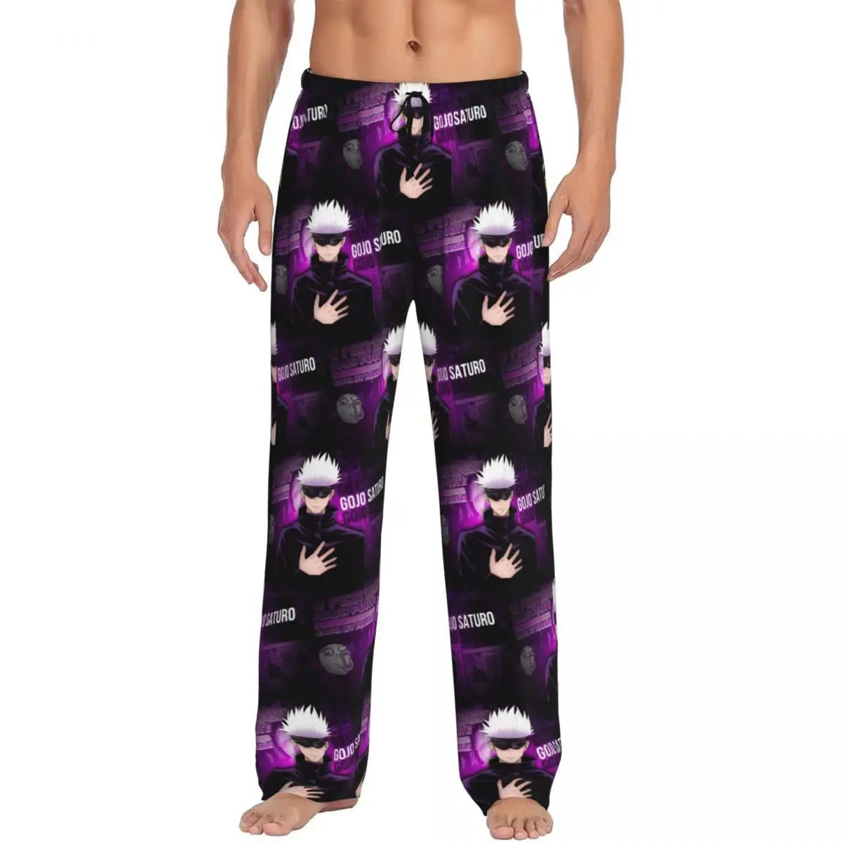 Pantalon de pyjama noir et violet à motifs manga avec personnages et mains, coupe longue