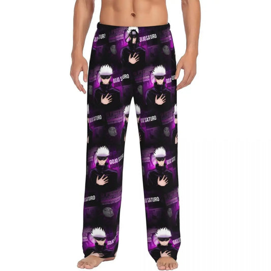 Pantalon de pyjama noir et violet à motifs manga avec personnages et mains, coupe longue