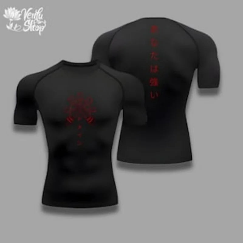 Black compression T-shirt with red Mahoraga emblem; back shows red vertical Japanese text
