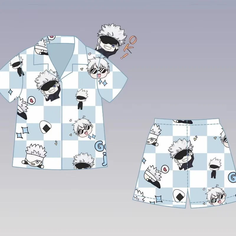 Pyjama Gojo à carreaux bleu : chemise manches courtes et shorts, motifs Jujutsu