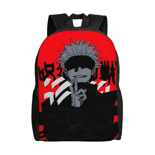 Sac à dos rouge et noir avec visuel manga sur la poche avant