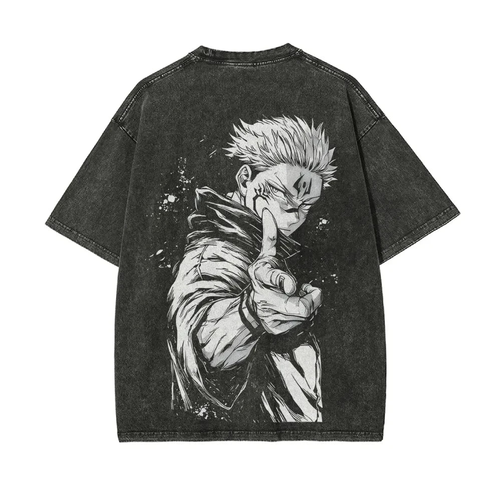 Dark charcoal T-shirt with large Sukuna anime graphic on back, short sleeves