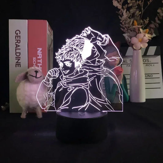 Lampe LED acrylique avec illustration lumineuse Gojo et Yuji, socle rond noir