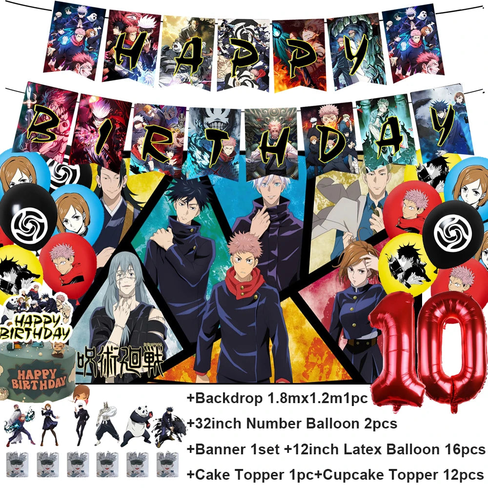 Décoration d’anniversaire Jujutsu Kaisen : ballons, guirlande “Happy Birthday” et backdrop