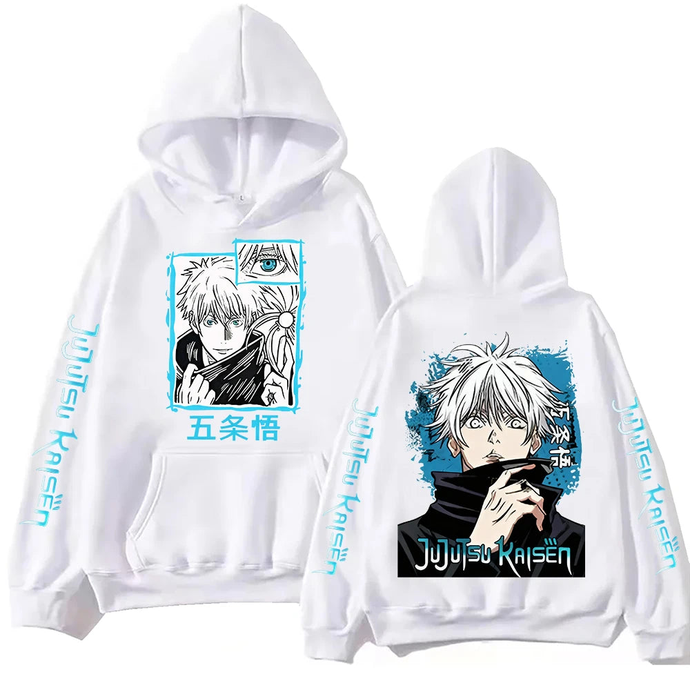 Hoodie blanc à capuche, imprimés anime Gojo devant et dos, lettrage bleu sur manches.