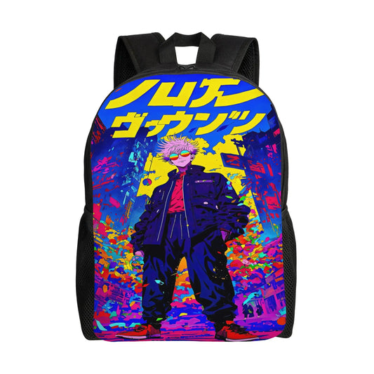 Sac à dos noir avec bretelles et impression pop art colorée du personnage.